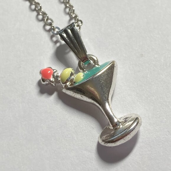Martini Cocktail Drink Cup Glass Charm Necklace Pendant Aqua Enamel 18" Chain - Picture 3 of 9